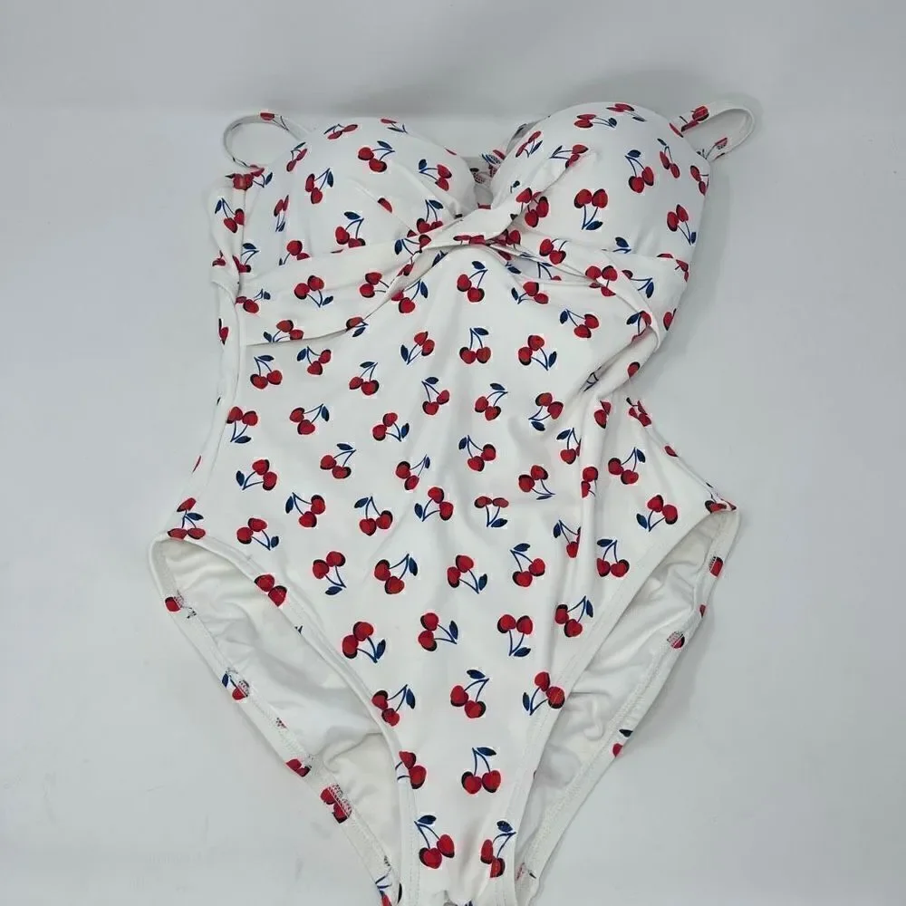 Kate Spade Molded Cup Bandeau Underwire One Piece Swimsuit - Cherry Toss Sz S